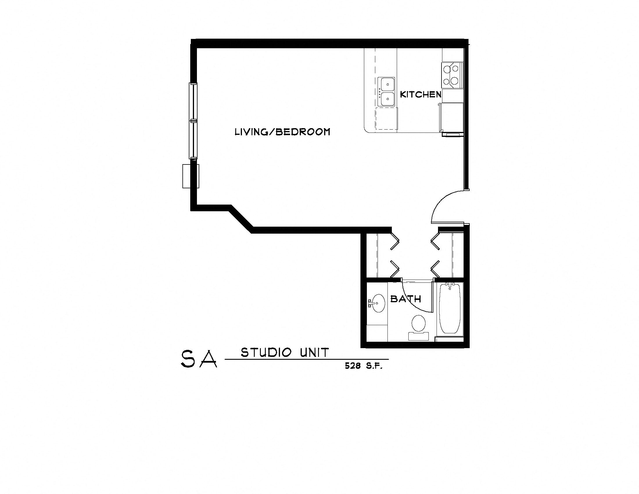 Floor plan for studio, 1 bath, 528 sqft